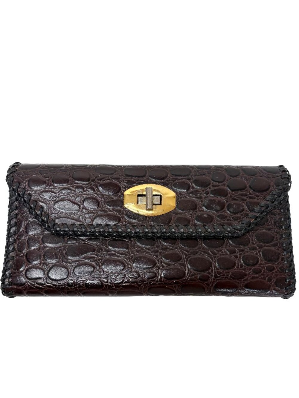 Vintage Leather Croc Embossed Clutch Wallet Braided Trim Gold Clasp 8.5x4